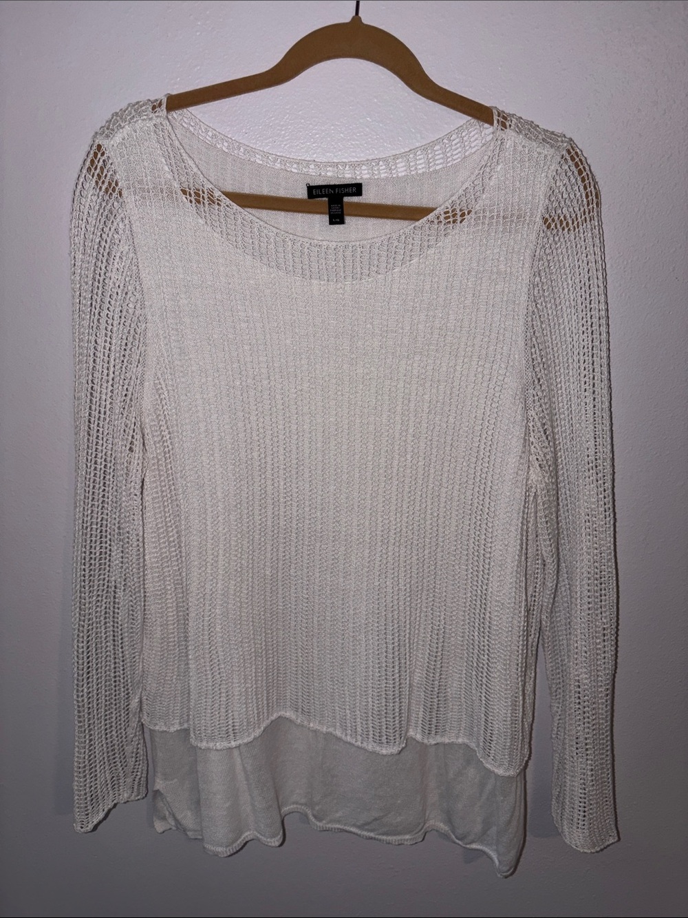 Eileen Fisher white Open-Knit Layered Linen Top, sz L